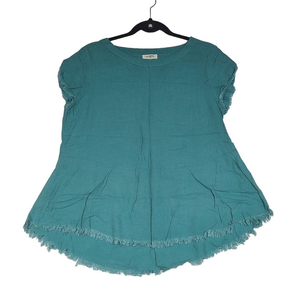 UMGEE Top Green Distressed Edge Cap Sleeve Tunic Linen Blend Size Small